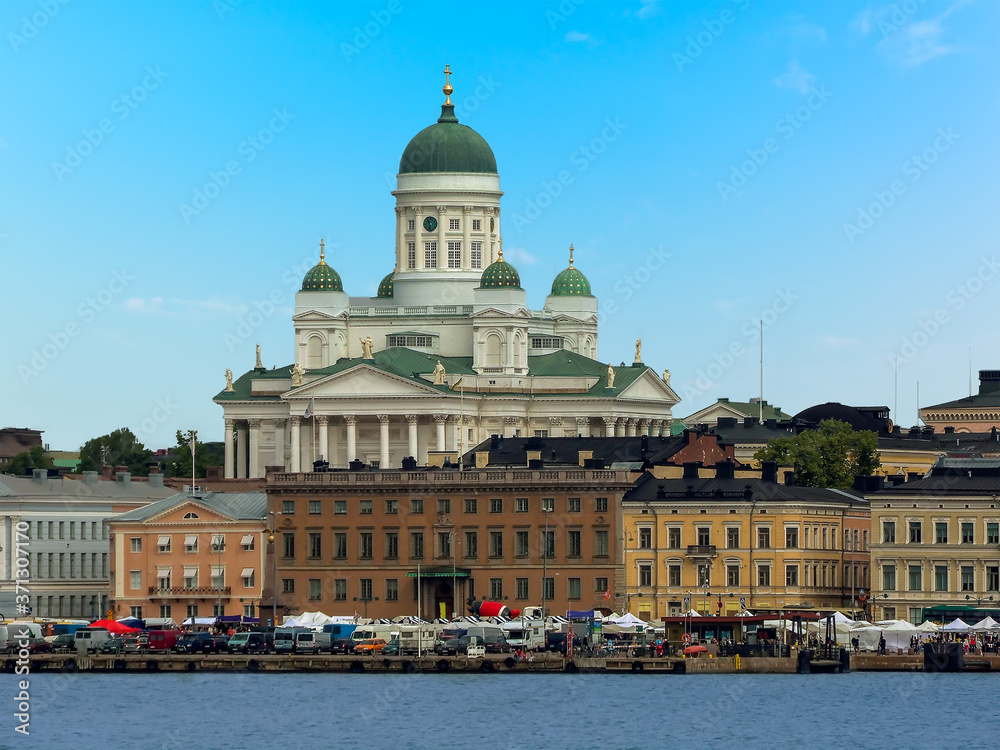 A view from the South Harbour towards the waterfront and the Cathedral in the background in the Finnish capital, Helsinki in the summertime
