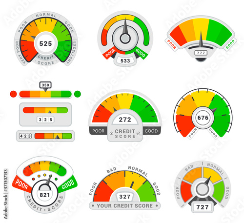 Credit score indicators, ranges, gauges set. Loan level measurement, financial pressure display.