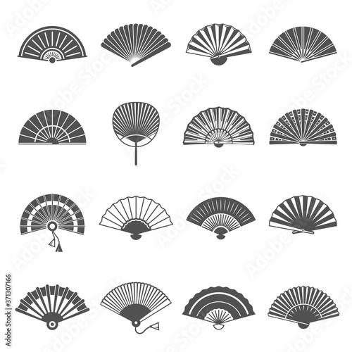 Handheld or hand fans rigid  foldable line and bold icons set isolated on white.