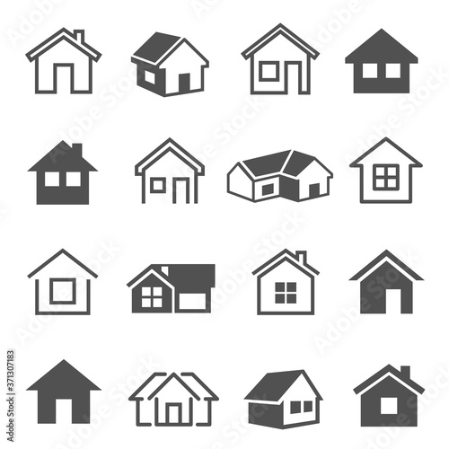 Houses, home, cottage line and bold icons set isolated on white. Building, cabin, barn pictograms.