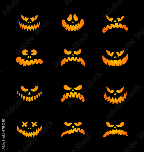 Scary silhouettes of pumpkin faces set. Halloween. Vector illustration. Cartoon style. Isolated on black background. Eerie smiling carved faces. For postcards, flyers, printing on T-shirts, textiles.