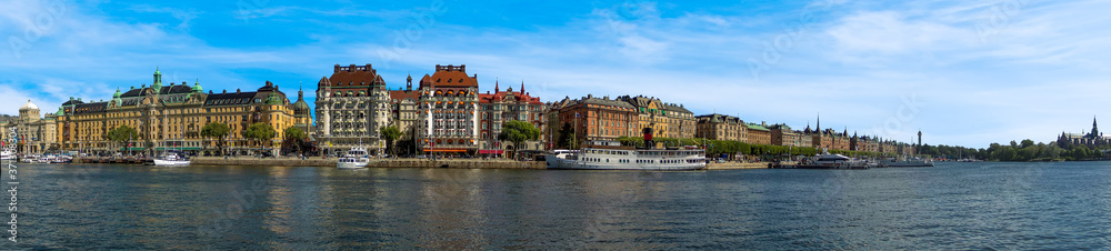 A panorama view along the waterfront of the Swedish capital, Stockholm in the summertime