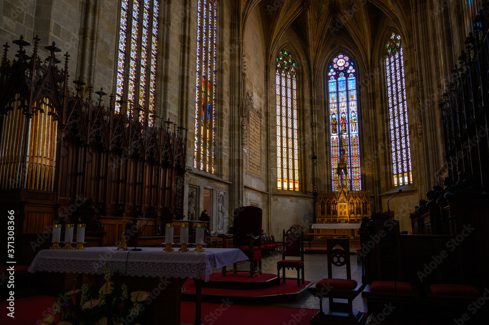 Fototapeta premium Interior of St Martin's Cathedral with its altar and stained glass windows. Bratislava, Slovakia. 2020/05/20. 