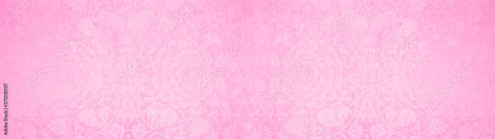 Old bright pastel pink vintage shabby patchwork flower motif tiles stone concrete cement wall texture background banner