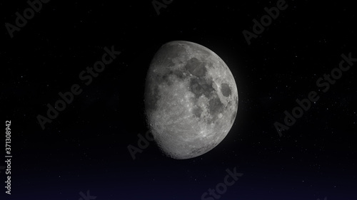 The moon in Waxing Gibbous phase. Photo realistic 3D render.