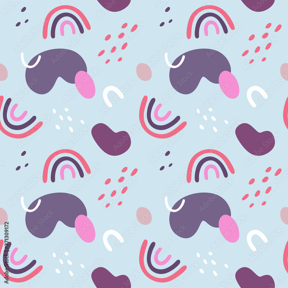 Seamless abstract pattern with rainbows, spots and curves. Vector illustration.