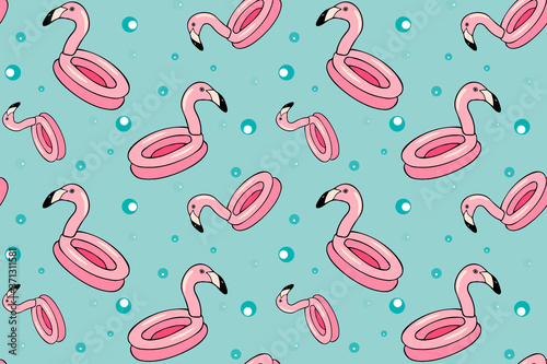 Vector seamless pattern with the image of a pink flamingo swimming circle. The illustration is drawn in doodle style. Design for printing postcards, posters, fabrics, baby clothes.