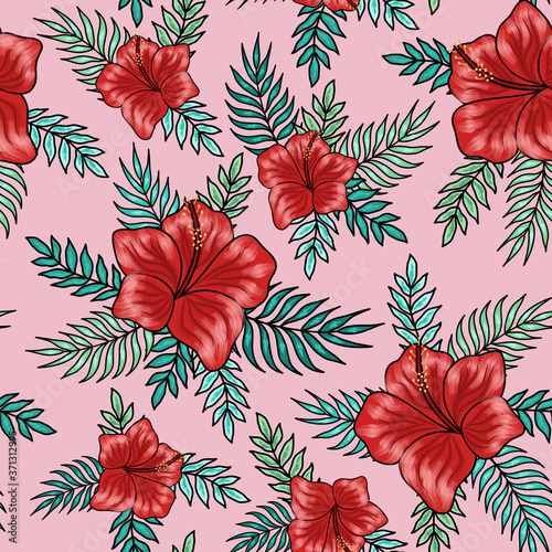 Red hibiscus flowers with palm tree leaves seamless pattern on pink background. Great for spring and summer wallpaper, backgrounds, invitations, packaging design projects textile.