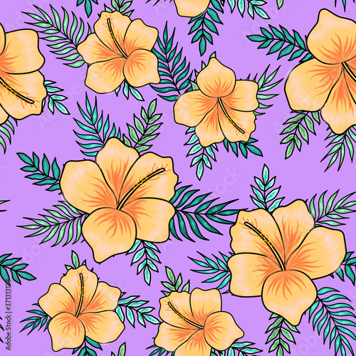 Yellow hibiscus flowers with palm tree leaves seamless pattern on violet background. Great for spring and summer wallpaper, backgrounds, invitations, packaging design projects textile