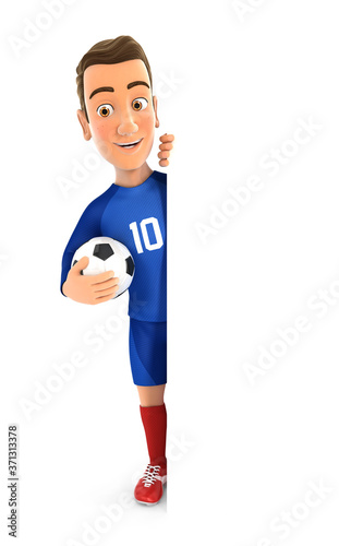 3d soccer player blue jersey with ball behind blank wall