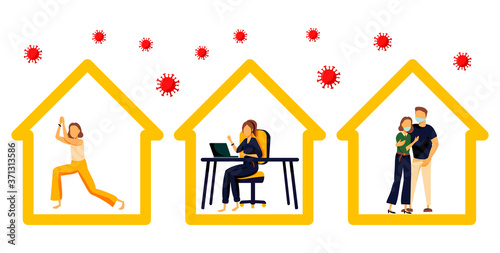 Stay home concept. Girl doing meditation, mansiting in a chair working online at home, young couple. Self isolation, quarantine due to coronavirus. Set of illustration of home activitie