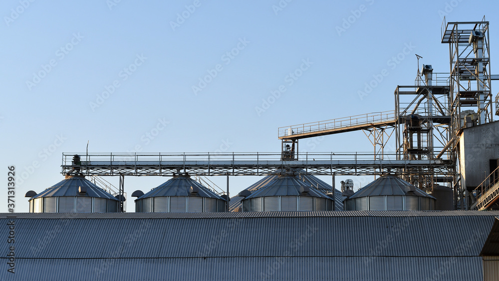 agribusiness, agricultural, agriculture, architecture, bin, blue, building, business, cereal, clouds, container, corn, country, elevator, farm, farming, field, food, grain, granary, harvest, industria