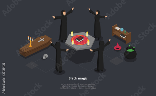 Isometric 3D Illustration Of Black Magic Ritual. Vector Composition With Lorem Ipsum Text. Four Characters In Black Mantles Performing Rite Around The Table. Coffin, Skull, Magical Pot, Hat Around