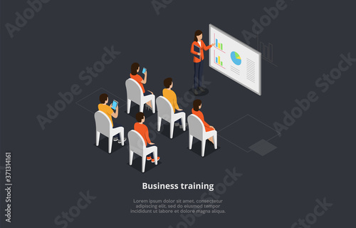 Business Training Or Course Concept Vector Illustration. Isometric 3D Composition With Group Of People Studying From The Screen. Female Character Pointing At Chart, Other Men And Women Looking At Her