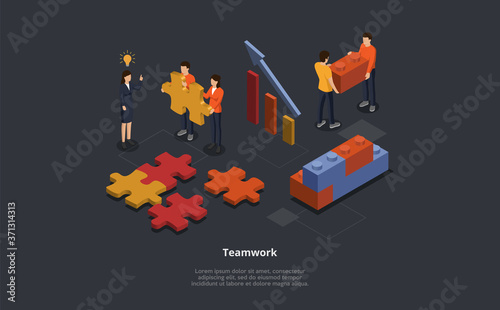Teamwork Concept Isometric Illustration. Vector Composition In 3D Style Of Cartoon Male And Female Characters Doing Metaphorical Puzzle Of Business Cooperation. Group Of People With Blocks And Chart