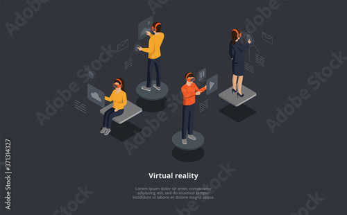 Virtual Reality Vector Isometric Composition. 3D Cartoon Characters Wear Headset With Touching Interface. Group Of People Checking Mail, Browsing Picture, Music Online. Modern Technology Illustration