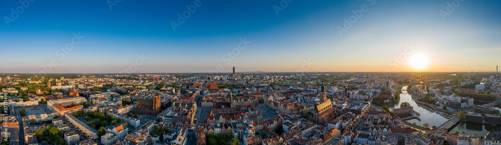 Wroclaw drone panorama. Drone aerial view of Wrocław city center.