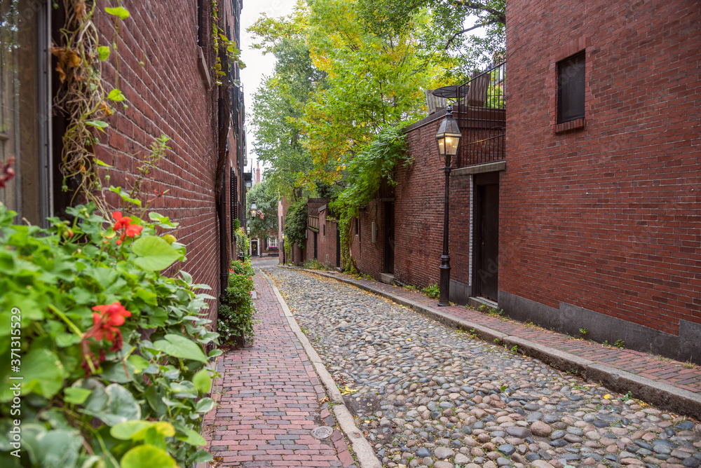 Narrow cobbled alley lined with old brick residential  buildings and gas lit lamp posts on a cloudy autumn day