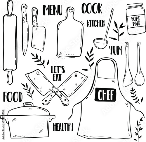 Cook collection. Kitchen utensil, tools set. Hand drawn vector illustrations in sketch style.