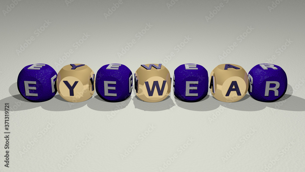 EYEWEAR combined by dice letters and color crossing for the related meanings of the concept for glasses and background EYEWEAR combined by dice letters and color crossing for the related meanings of the concept for glasses and background