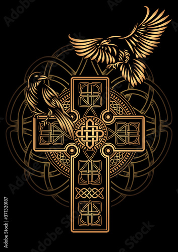 Odin's Celtic Raven. Scandinavian tattoo. Runic symbols. Trixel, Celtic cross, Gungir and knots. Vector illustration of Scandinavian myths