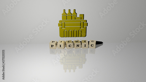 PICNIC text of cubic dice letters on the floor and 3D icon on the wall - 3D illustration for background and food photo