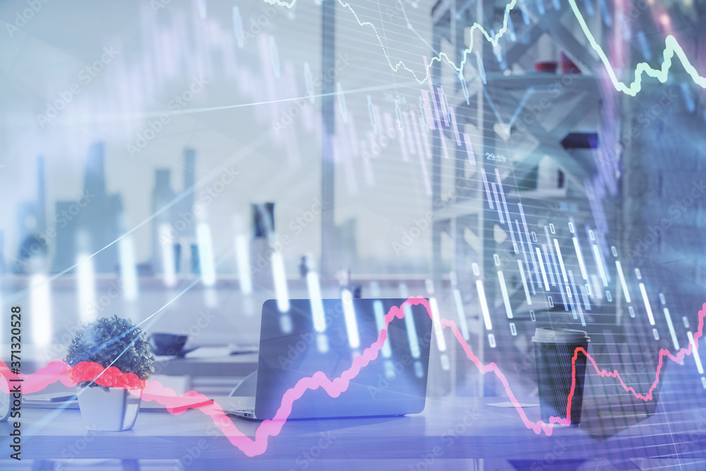 Double exposure of stock market graph drawing and office interior background. Concept of financial analysis.