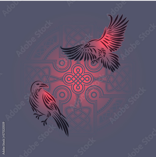 Odin's Celtic Raven. Scandinavian tattoo. Runic symbols. Trixel, Celtic cross, Gungir and knots. Vector illustration of Scandinavian myths