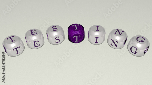 TESTING curved text of cubic dice letters - 3D illustration for concept and laboratory