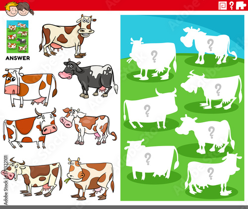 Fototapeta Naklejka Na Ścianę i Meble -  matching shapes game with cartoon cows characters