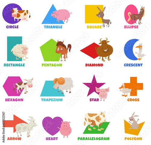 basic geometric shapes with cute farm animals set