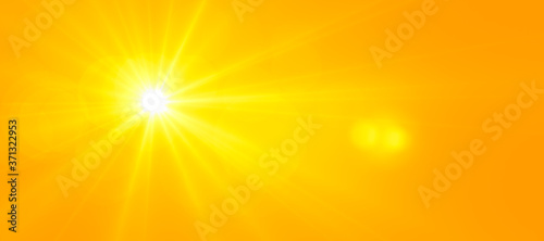 Sunny summer background, orange sun with lens flare. Heat wave 3D illustration
