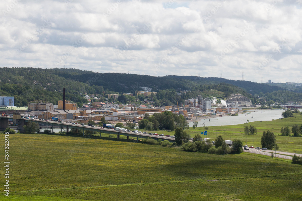 The view on traffic road from Bohus Fortress in a sunny day, Kungalv, Bohuslan, Sweden.