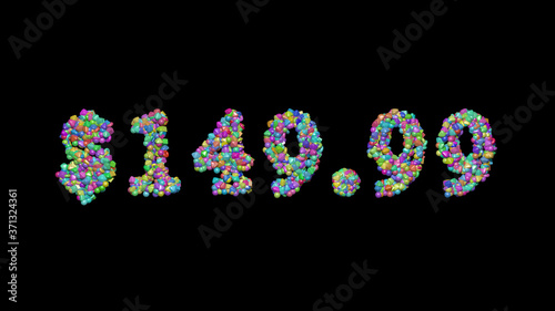 $149.: 3D illustration of the text made of small objects over a black background with shadows
