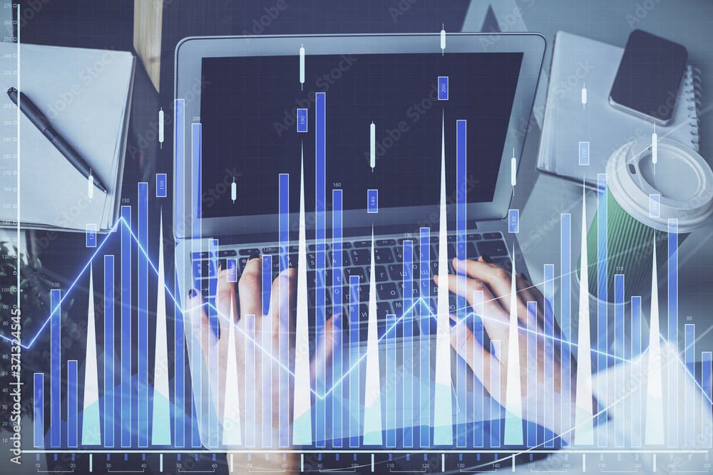 Double exposure of woman hands typing on computer and forex chart hologram drawing. Stock market invest concept. Double exposure of woman hands typing on computer and forex chart hologram drawing. Stock market invest concept.