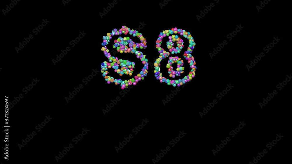 Colorful 3D writing of $ text with small objects over a dark background and matching shadow Colorful 3D writing of $ text with small objects over a dark background and matching shadow