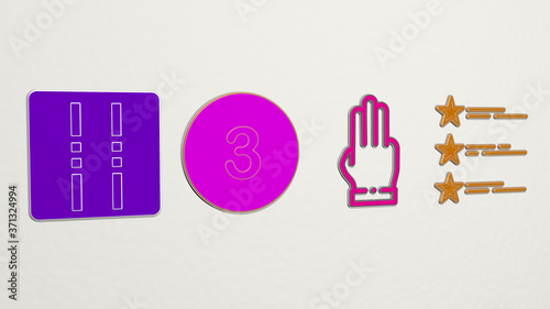 Photography three 4 icons set - 3D illustration for background and white