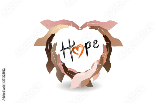 Hands in a heart love shape with  hope word text logo vector web image