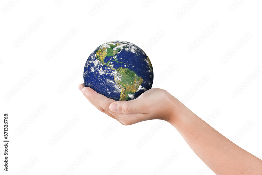 Environment day concept, Globe in hand isolated on white. Elements of this image furnished by NASA Environment day concept, Globe in hand isolated on white. Elements of this image furnished by NASA