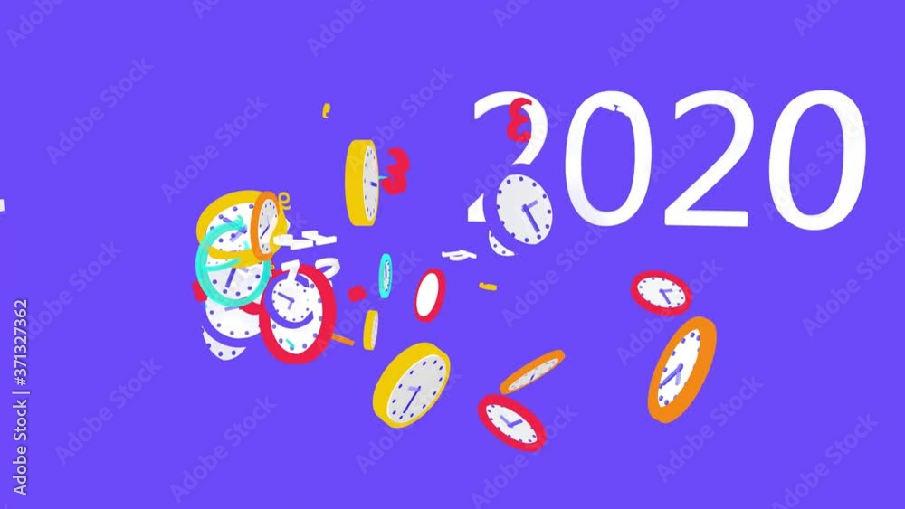 3d animation of flat colored clocks moving in space. Showing the change ...