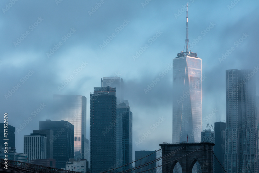 View on Financial District skyline on a foggy morning