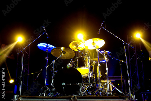 Live music photo background  rock drum set with cymbals. Closeup photo  soft selective focus