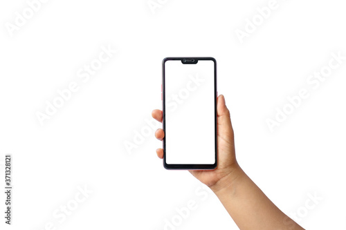 Man hand holding a black smartphone with a blank screen isolated on white background, clipping path.
