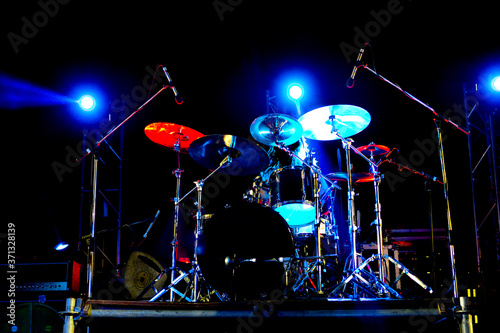 Live music photo background, rock drum set with cymbals. Closeup photo, soft selective focus