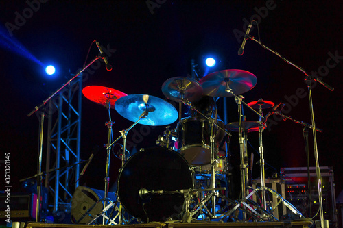 Live music photo background, rock drum set with cymbals. Closeup photo, soft selective focus © Elena