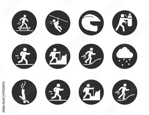 extreme sport active lifestyle skater runner climbing surf block and flat icons set