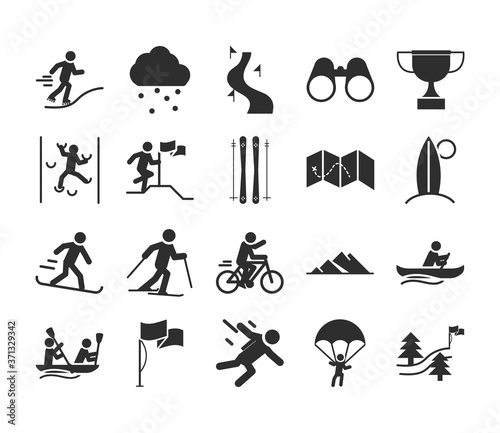 extreme sport active lifestyle snowborder ski runner paraglider silhouette icons set design