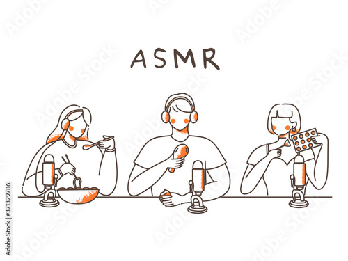 Hand drawn illustration Group of people making ASMR sounds. Blogger make video or audio webcast for social media. Blogger eating online near microphone. Woman using brush on microphone