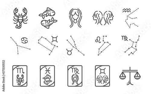 zodiac astrology horoscope calendar constellation scorpio pisces virgo gemini libra icons collection line style
