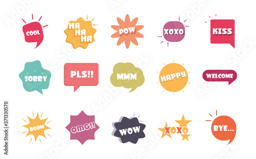 slang bubbles different words and phrases in multicolor cartoon, cool sorry omg flat icons set
